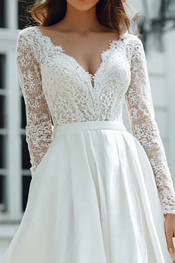 Ivory A-Line V Neck Lace Long Sleeve Wedding Dress